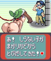 Rule 34 | 1boy, 1girl, age difference, all fours, anus, ass, bag, bandana, black hair, blue footwear, blue shirt, brown eyes, brown hair, brown pants, clothed male nude female, collar, creatures (company), dialogue box, exhibitionism, from behind, game freak, glasses, gluteal fold, green bandana, green headwear, head scarf, holding, japanese text, leash, long hair, looking at another, may (pokemon), nintendo, nude, onee-shota, open mouth, pants, pet play, pixel art, pokemon, pokemon emerald, pokemon rse, public indecency, pussy, saiwai hiroshi, school bag, school kid (pokemon), shirt, shoes, short hair, short sleeves, tears, teenage girl and younger boy, translated, wide-eyed
