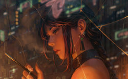 Rule 34 | 1girl, bare shoulders, black dress, black hair, braid, closed mouth, crack, cracked glass, dress, earrings, eyebrows hidden by hair, guweiz, highres, holding, holding smoking pipe, jewelry, long hair, neon lights, original, reflection, single braid, sleeveless, sleeveless dress, smoke, smoking pipe, solo, thick eyebrows