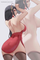Rule 34 | 1girl, absurdres, ahoge, artist name, ass, azur lane, backless dress, backless outfit, black hair, breasts, brown thighhighs, choker, cocktail dress, cowboy shot, dress, evening gown, from behind, hair ornament, highres, lace, lace-trimmed legwear, lace trim, large breasts, long hair, looking at viewer, looking back, melowh, multiple views, nude, official alternate costume, patreon username, red choker, red dress, red eyes, simple background, taihou (azur lane), taihou (forbidden feast) (azur lane), thighhighs, white background