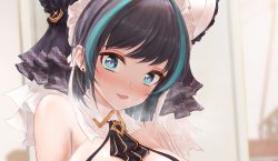 Rule 34 | 1girl, :d, aqua eyes, aqua hair, azur lane, bae.c, bare shoulders, black hair, blush, breasts, cheshire (azur lane), close-up, earrings, fang, frills, hairband, heart, heart-shaped pupils, heavy breathing, jewelry, large breasts, looking at viewer, maid headdress, multicolored hair, open mouth, ribbon, skin fang, smile, solo, streaked hair, sweat, symbol-shaped pupils