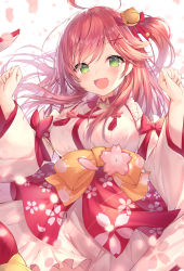 1girl :d ahoge bell blush bow breasts brown_bow cherry_blossom_print clenched_hands commentary_request floral_print green_eyes hair_bell hair_bow hair_ornament hairclip hands_up highres hololive japanese_clothes jingle_bell kimono long_hair long_sleeves looking_at_viewer medium_breasts one_side_up open_mouth paw_print paw_print_pattern petals pink_hair red_bow red_hair sakura_miko sakura_miko_(1st_costume) smile solo topia virtual_youtuber white_kimono wide_sleeves x_hair_ornament