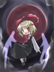 Rule 34 | 1girl, blonde hair, darkness, ex-rumia, female focus, kugelschreiber, red eyes, ribbon, rumia, sitting, smile, solo, touhou, wings