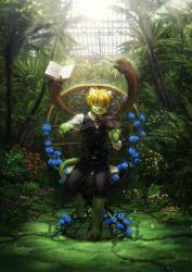 Rule 34 | 1boy, animal ears, artist request, book, commentary request, conductor, furry, furry male, greenhouse, highres, holding, holding instrument, instrument, male focus, music, nviek5, open book, original, playing instrument, solo