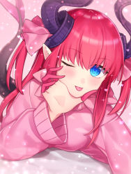 Rule 34 | 1girl, blue eyes, blush, dragon girl, elizabeth bathory (fate), elizabeth bathory (fate), fate/extra ccc, fate/grand order, fate (series), heart, horns, long hair, looking at viewer, on stomach, pink dress, pink hair, ribbon, tail, tongue, tongue out, wink