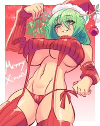 Rule 34 | 1girl, antlers, blush, border, breasts, ceres fauna, covered erect nipples, cowboy shot, detached sleeves, from below, gradient background, green hair, hair between eyes, hat, highres, hololive, hololive english, horns, huge breasts, konaloid, long hair, long sleeves, looking down, meme attire, navel, panties, red background, red panties, red thighhighs, santa hat, side-tie panties, smile, smug, solo, standing, thighhighs, underboob, underwear, virgin destroyer sweater, virtual youtuber, white border, yellow eyes