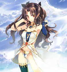 Rule 34 | 1girl, adjusting hair, armlet, armpits, arms up, asymmetrical legwear, bare arms, bare legs, bare shoulders, black hair, black ribbon, black thighhighs, blue gloves, breasts, bridal gauntlets, brown eyes, clothing cutout, cloud, cloudy sky, earrings, elbow gloves, fate/grand order, fate (series), female focus, gem, gloves, hair ribbon, hoop earrings, ishtar (fate), jewelry, legs, long hair, looking at viewer, midriff, navel, navel cutout, neck, neck ring, pelvic curtain, revealing clothes, ribbon, rori chuushin, single elbow glove, single glove, single thighhigh, sky, small breasts, smile, solo, standing, strapless, thighhighs, thighlet, tohsaka rin, two side up, type-moon, uneven legwear