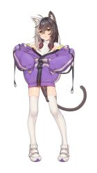 Rule 34 | 1boy, absurdres, ahoge, animal ears, brown hair, cat ears, cat tail, closed mouth, full body, hands on own hips, headphones, headphones around neck, highres, indie virtual youtuber, jacket, looking at viewer, male focus, medium hair, multicolored hair, nekomium (vtuber), popolocroits, purple jacket, second-party source, shoes, simple background, solo, tail, thighhighs, trap, turtleneck, two-tone hair, virtual youtuber, white background, white footwear, white hair, white thighhighs, yellow eyes, zipper