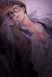 Rule 34 | 1boy, bespectacled, black-framed eyewear, blush, brown hair, embarrassed, glasses, highres, idolmaster, idolmaster side-m, looking at viewer, pectoral cleavage, male focus, nikami jin, official alternate costume, open mouth, pectorals, purple eyes, shingen seiji, solo, wavy mouth