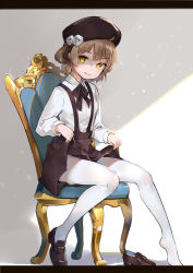 Rule 34 | 1girl, absurdres, ahoge, beret, black hat, black ribbon, black skirt, brown footwear, brown hair, chair, clothes lift, collared shirt, glint, hat, hatoba tsugu, highres, letterboxed, light, loafers, long sleeves, mole, mole under eye, neck ribbon, on chair, pantyhose, parted lips, ribbon, seductive smile, shaded face, shirt, shoes, short hair, sitting, skirt, skirt hold, smile, solo, suspender skirt, suspenders, unworn shoe, unworn shoes, virtual youtuber, white pantyhose, wing collar, yamano (yamanoh)