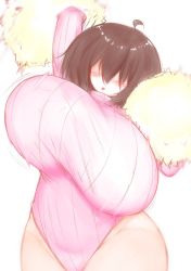 Rule 34 | 1girl, ahoge, blush, bouncing breasts, breasts, brown hair, curvy, hair over eyes, highres, huge breasts, miru cocoa, mozuku (miru cocoa), open mouth, original, pink sweater, pom pom (clothes), short hair, solo, sweater, thick thighs, thighs, turtleneck, turtleneck sweater, unaligned breasts, white background, wide hips