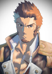 Rule 34 | 1boy, blue eyes, brown hair, brown jacket, closed mouth, cross scar, epaulettes, facial hair, fate/grand order, fate (series), goatee, highres, jacket, long sideburns, looking at viewer, male focus, monmonhomon, muscular, muscular male, napoleon bonaparte (fate), scar, scar on chest, short hair, sideburns, solo, upper body