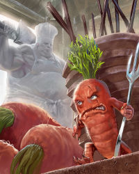 Rule 34 | 1boy, apron, carrot, carrot warrior, chef hat, clenched teeth, cook, fork, ggozira, grey eyes, hat, hiding, highres, holding, holding fork, indoors, knife, male focus, muscular, official art, over shoulder, scar, scar across eye, scar on face, standing, teeth, tenkuu no crystalia, what