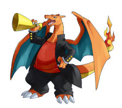 Rule 34 | black jacket, blue eyes, charizard, claws, clothed pokemon, colored skin, creatures (company), fire, game freak, gen 1 pokemon, good frog, horn (instrument), jacket, nintendo, no humans, open mouth, pokemon, pokemon (creature), red shirt, red skin, shirt, simple background, standing, vuvuzela, white background, wings