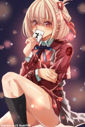 Rule 34 | 1girl, absurdres, artist name, black socks, blonde hair, blue ribbon, blush, bob cut, card, collared shirt, commentary request, covering own mouth, dress, feet out of frame, grey dress, hair between eyes, hair ribbon, highres, holding, holding card, knee up, kneehighs, lens flare, long sleeves, looking at viewer, lycoris recoil, lycoris uniform, neck ribbon, nishikigi chisato, one side up, pleated dress, red dress, red eyes, red ribbon, ribbon, shadow, shirt, short hair, sidelocks, sitting, socks, solo, thighs, twitter username, two-tone dress, white shirt, yomo