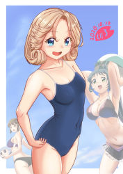 Rule 34 | 3girls, artist logo, blonde hair, blue background, blue eyes, blue one-piece swimsuit, breasts, commentary request, competition swimsuit, cowboy shot, dated, irako (kancolle), janus (kancolle), kantai collection, moke ro, multiple girls, myoukou (kancolle), one-piece swimsuit, parted bangs, school swimsuit, short hair, small breasts, solo focus, swimsuit