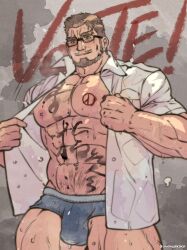 Rule 34 | 1boy, abs, bara, bare pectorals, blue male underwear, blush, body writing, boxer briefs, brown hair, bulge, collared shirt, cowboy shot, forked eyebrows, glasses, highres, large pectorals, looking at viewer, male focus, male underwear, mature male, muscular, muscular male, navel, navel hair, nipples, no pants, onionworkshop, opened by self, original, paid reward available, pectorals, pencil mustache, shirt, short hair, smile, solo, sparse navel hair, stomach, superman exposure, sweat, thick thighs, thighs, underwear, very sweaty