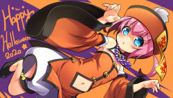 Rule 34 | 1girl, bare shoulders, bead necklace, beads, blue eyes, blush, brown background, brown dress, brown hat, brown sleeves, clothing cutout, commentary request, dress, hair between eyes, halloween, hands up, happy halloween, hat, highres, jewelry, jiangshi costume, kuwada yuuki, long sleeves, looking at viewer, navel, navel cutout, necklace, ofuda, original, parted lips, pink hair, puffy shorts, purple background, qingdai guanmao, shorts, solo, strapless, strapless dress, two-tone background, white shorts, wide sleeves