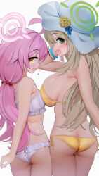 Rule 34 | 2girls, absurdres, anshinmama, bikini, blue archive, grabbing another&#039;s breast, breasts, grabbing, green eyes, halo, hat, highres, hoshino (blue archive), hoshino (swimsuit) (blue archive), large breasts, looking at viewer, multiple girls, nonomi (blue archive), nonomi (swimsuit) (blue archive), pink hair, small breasts, swimsuit, yellow eyes