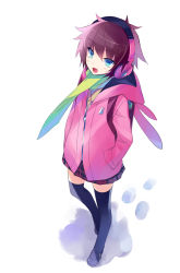 Rule 34 | 1girl, :d, black thighhighs, blue eyes, brown hair, headphones, hood, hooded jacket, hoodie, jacket, looking at viewer, open mouth, original, pleated skirt, scarf, short hair, simple background, skirt, smile, solo, thighhighs, usatsuka eiji, white background, zettai ryouiki