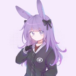 Rule 34 | 1girl, animal ears, arknights, black bow, black gloves, black jacket, blush, bow, brown shirt, closed mouth, commentary request, ear piercing, gloves, grey eyes, hair bow, hand in pocket, highres, jacket, long hair, long sleeves, looking at viewer, meng xue necky, piercing, puffy long sleeves, puffy sleeves, purple background, purple hair, rabbit ears, rope (arknights), shirt, sleeves past wrists, solo, upper body