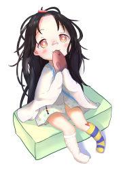 Rule 34 | 1girl, :3, absurdres, aged down, asymmetrical legwear, bandaid, bandaid on face, bandaid on nose, black hair, brown eyes, brown socks, c-ms (girls&#039; frontline), c-ms (the wonderful adventures of goose) (girls&#039; frontline), commentary request, dress, eating, fang, fish, food, full body, girls&#039; frontline, highres, holding, holding food, kneehighs, long hair, long sleeves, mismatched legwear, no shoes, official alternate costume, parted bangs, polka dot, polka dot legwear, shiro hakuchou, simple background, sleeves past fingers, sleeves past wrists, socks, solo, striped clothes, striped socks, very long hair, white background, white dress