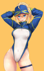 Rule 34 | 1girl, ahoge, arms behind head, arms up, artoria pendragon (fate), baseball cap, blonde hair, blue eyes, blue hat, blue jacket, blue one-piece swimsuit, breasts, competition swimsuit, covered navel, cropped jacket, fate/grand order, fate (series), hair between eyes, hair through headwear, hat, highleg, highleg swimsuit, highres, jacket, long hair, long sleeves, looking at viewer, medium breasts, mysterious heroine x (fate), mysterious heroine xx (fate), one-piece swimsuit, open mouth, ponytail, shrug (clothing), sidelocks, simple background, smile, solo, swimsuit, thigh strap, thighs, two-tone swimsuit, untue, white one-piece swimsuit, yellow background, zipper pull tab