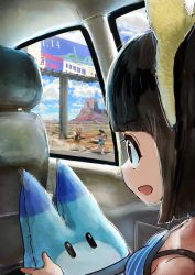 Rule 34 | 1other, 3girls, ad, animal ears, bird tail, black hair, brown hair, car interior, character doll, chasing, child, coyote (kemono friends), day, elbow gloves, fake animal ears, fuji takanasu, gloves, greater roadrunner (kemono friends), grey hair, hairband, highres, kemono friends, looking at another, lucky beast (kemono friends), multiple girls, open mouth, outstretched arms, running, shirt, skirt, smile, stuffed toy, tail, tan, thighhighs, wolf ears, wolf tail