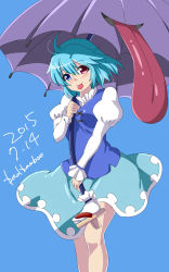 Rule 34 | 1girl, artist name, badbamboo, blue eyes, blue hair, blue skirt, blush, commentary request, dated, heterochromia, highres, holding, holding umbrella, juliet sleeves, karakasa obake, legs, long sleeves, looking at viewer, matching hair/eyes, puffy sleeves, red eyes, short hair, simple background, skirt, smile, solo, standing, tatara kogasa, tongue, tongue out, touhou, umbrella, vest