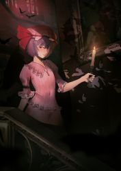 Rule 34 | 1girl, b (bbm), bat (animal), bat wings, blurry, blurry foreground, candle, covered navel, dark, depth of field, dress, eyebrows hidden by hair, flat chest, hair between eyes, hat, hat ribbon, holding, holding candle, indoors, light smile, looking at viewer, mob cap, painting (object), parted lips, puffy short sleeves, puffy sleeves, red eyes, remilia scarlet, ribbon, short hair, short sleeves, solo, touhou, wings