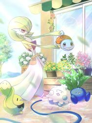 Rule 34 | blue sky, bob cut, budew, closed eyes, colored skin, creatures (company), dress, flower shop, game freak, gardevoir, gen 1 pokemon, gen 3 pokemon, gen 4 pokemon, green hair, highres, hose, multicolored skin, nintendo, oddish, open mouth, pink eyes, plant, pokemon, pokemon (creature), ponkotsu tanupon, potted plant, shop, shroomish, sky, squirtle, tree, two-tone skin, watering, watering can, wet, white dress, white skin