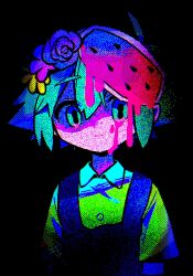 Rule 34 | 1boy, basil (omori), black background, black eyes, blood, blood on face, buttons, collared shirt, despair, dripping, flower, food, fruit, green eyes, green hair, grey overalls, hair flower, hair ornament, highres, horror (theme), looking at viewer, male focus, menma (enaic31), omori, overalls, pixelated, shaded face, shirt, short hair, simple background, solo, watermelon