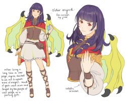 Rule 34 | 1girl, bad id, bad pixiv id, cape, dragon girl, dragon wings, dress, english text, fire emblem, fire emblem: the sacred stones, fire emblem heroes, full body, highres, jivke, long hair, looking at viewer, multi-tied hair, multiple views, myrrh (fire emblem), nintendo, aged up, purple hair, red eyes, sandals, sidelocks, simple background, smile, white background, wings