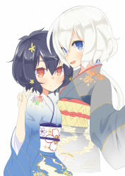 Rule 34 | 2girls, blue eyes, blue hair, blush, closed mouth, commentary request, floral print, grey background, hair between eyes, hair ornament, highres, hujikok, japanese clothes, kimono, konno junko, long hair, looking at another, looking at viewer, low ponytail, mizuno ai, multiple girls, nengajou, new year, obi, open mouth, red eyes, sash, short hair, silver hair, simple background, smile, v, zombie land saga