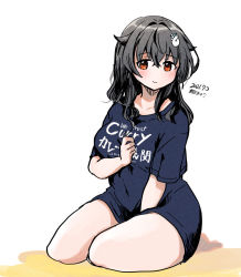 Rule 34 | 1girl, alternate hairstyle, between legs, black hair, black shirt, clothes writing, collarbone, commentary request, hair down, hair flaps, hand between legs, jingei (kancolle), kantai collection, kirisawa juuzou, long hair, red eyes, shirt, simple background, solo, thick thighs, thighs, white background