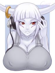 Rule 34 | 1girl, 2016, blunt bangs, breast rest, breasts, castle of shadows, cesium, cleavage, colored skin, covered erect nipples, dated, demon girl, eyebrows, facial tattoo, headphones, horn ornament, horn ring, horns, huge breasts, listening to music, long hair, looking away, parted lips, red eyes, sidelocks, signature, sisyphus (castle of shadows), solo, tank top, tattoo, upper body, white hair, white skin