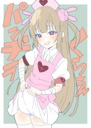 Rule 34 | 1girl, absurdres, apron, bad id, bad twitter id, bandaged arm, bandages, blue background, blush, clothes lift, cowboy shot, donguri suzume, dress, dress lift, fingernails, grin, hair ornament, hat, heart, heart-shaped pupils, highres, looking at viewer, nail polish, natori sana, nurse cap, panties, pink apron, pink hat, pink nails, pink panties, presenting, puffy short sleeves, puffy sleeves, rabbit hair ornament, red eyes, sana channel, short sleeves, simple background, smile, solo, standing, striped clothes, striped panties, symbol-shaped pupils, thighhighs, translation request, two side up, underwear, virtual youtuber, white dress, white thighhighs