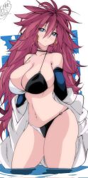 Rule 34 | 1girl, android 21, bare shoulders, bikini, black bikini, black choker, black gloves, blue eyes, blush, breasts, choker, cleavage, coat, collarbone, dragon ball, dragon ball fighterz, earrings, elbow gloves, gloves, hair between eyes, highres, hoop earrings, jewelry, kinakomochi (user vedc2333), large breasts, long hair, looking at viewer, multicolored bikini, multicolored clothes, navel, partially submerged, red hair, solo, swimsuit, thighs, white bikini, white coat