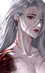 Rule 34 | 1girl, amatou 1717, breasts, cleavage, collarbone, earrings, grey hair, hair between eyes, highres, jewelry, long hair, looking at viewer, medium breasts, neck tattoo, ninety-nine (path to nowhere), parted lips, path to nowhere, red eyes, red lips, shoulder tattoo, simple background, solo, tattoo, upper body, water drop, white background