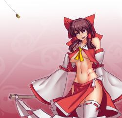 Rule 34 | 1girl, bare shoulders, black hair, blush, bow, breasts, brown eyes, coin, coin on string, detached sleeves, female focus, gohei, groin, hair bow, hair ornament, hair tubes, hakurei reimu, hater (hatater), highres, holed coin, japanese clothes, large breasts, licking lips, looking away, miko, money, naughty face, navel, no bra, no panties, nontraditional miko, open mouth, pelvic curtain, ribbon, ribbon-trimmed legwear, ribbon trim, smile, solo, stomach, thighhighs, toned, tongue, tongue out, touhou, underboob, white thighhighs