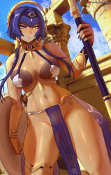 Rule 34 | 1girl, blue eyes, blue hair, blush, breasts, candace (genshin impact), cleavage, closed mouth, cowboy shot, dark-skinned female, dark skin, genshin impact, gluteal fold, gold choker, heterochromia, highres, large breasts, long hair, looking at viewer, navel, outdoors, see-through, smile, solo, thighlet, thighs, ultrabinou, yellow eyes
