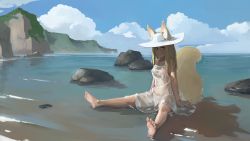 Rule 34 | 1girl, animal ears, barefoot, beach, blonde hair, blue eyes, breasts, cellphone, covered erect nipples, covered navel, day, dress, ears through headwear, fox ears, fox tail, hair between eyes, hat, highres, light smile, long hair, looking at viewer, navel, nipples, no bra, no panties, original, outdoors, paintrfiend, phone, rock, see-through, sitting, small breasts, smartphone, solo, sundress, tail, water, wet, wet clothes, white dress, white hat