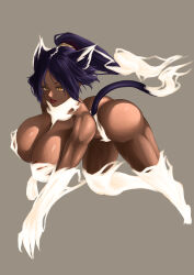 1girl ass bare_shoulders bleach bleach:_sennen_kessen-hen breasts bruticus_(artist) dark-skinned_female dark_skin electricity electrokinesis female_focus hair_ears hair_ornament highres large_breasts long_hair ponytail purple_hair shihouin_yoruichi simple_background tail thick_thighs thighs tongue tongue_out yellow_eyes