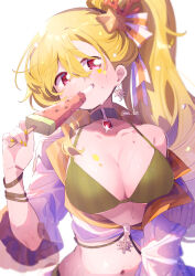 Rule 34 | 1girl, bikini, blonde hair, blush, breasts, choker, coral hair ornament, crop top, earrings, eating, epaulettes, food, gem, green bikini, grin, hair between eyes, hair ribbon, hand up, high collar, highres, holding, holding food, jewelry, large breasts, looking at viewer, magia record: mahou shoujo madoka magica gaiden, mahou shoujo madoka magica, off single shoulder, open clothes, open shirt, paru rari, popsicle, red eyes, red gemstone, ribbon, side ponytail, simple background, sleeves past elbows, smile, solo, starfish hair ornament, striped bikini, striped clothes, sweat, swimsuit, togame momoko, togame momoko (mermaid ver.), upper body, vertical-striped bikini, vertical-striped clothes, watermelon bar, wheel earring, white background, yellow nails