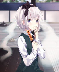 Rule 34 | 1girl, :t, black hairband, black ribbon, blue eyes, blurry, blurry background, blush, closed mouth, collared shirt, commentary request, day, depth of field, eating, food, food on face, green vest, hair ribbon, hairband, hands up, holding, holding food, konpaku youmu, konpaku youmu (ghost), long sleeves, looking at viewer, neck ribbon, outdoors, purin jiisan, ribbon, shirt, short hair, silver hair, sitting, solo, touhou, vest, white shirt
