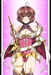 Rule 34 | 1girl, ahoge, armor, betty (langrisser), black border, blush, border, breasts, brown hair, cape, cleavage, closed mouth, cowboy shot, female focus, gloves, gluteal fold, groin, hair intakes, hand on own hip, highleg, highleg leotard, hikaru (mikan0407), langrisser, large breasts, leotard, looking at viewer, pillarboxed, pink leotard, shiny skin, short hair, shoulder armor, smile, solo, standing, sword, urushihara satoshi (style), weapon, white border, white cape, white gloves, yellow eyes