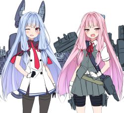 Rule 34 | &gt;:d, 10s, 2girls, :d, ;d, arm at side, belt, blue ribbon, blunt bangs, blush, buttons, cannon, clenched hand, collared shirt, cosplay, eyebrows, gloves, grey skirt, grey vest, hair ribbon, headphones, highres, holster, kantai collection, kotonoha akane, kotonoha aoi, long hair, looking at viewer, machinery, mtu (orewamuzituda), multiple girls, murakumo (kancolle), murakumo (kancolle) (cosplay), neck ribbon, necktie, one eye closed, open mouth, pantyhose, pink eyes, pink hair, red eyes, red necktie, red ribbon, remodel (kantai collection), ribbon, shiranui (kancolle), shiranui (kancolle) (cosplay), shirt, shoulder belt, siblings, sidelocks, silver hair, simple background, sisters, skirt, smile, standing, tareme, thigh holster, thigh strap, tsurime, turret, twins, v-shaped eyebrows, very long hair, vest, voiceroid, white background, white gloves, white shirt, wing collar