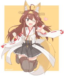 Rule 34 | 10s, 1girl, ;d, ahoge, animal ears, black eyes, blush, brown thighhighs, detached sleeves, double bun, fang, fox ears, fox tail, hair bun, headgear, heart, kamoto tatsuya, kantai collection, kemonomimi mode, kongou (kancolle), long hair, nontraditional miko, one eye closed, open mouth, pointing, pointing at viewer, skirt, smile, solo, tail, thighhighs, twitter username, yellow background