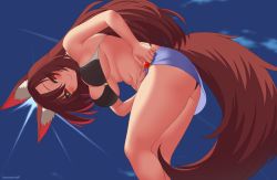 Rule 34 | 1girl, animal ear fluff, animal ears, artist name, bare arms, bare shoulders, bikini, black bikini, blue sky, blush, breasts, brown hair, cloud, commentary, day, eyes visible through hair, from below, imaizumi kagerou, kuroonehalf, large breasts, leaning forward, long hair, looking at viewer, navel, o-ring, o-ring bikini, outdoors, red eyes, sarong, sky, smile, solo, swimsuit, tail, thighs, touhou, underboob, very long hair, wolf ears, wolf girl, wolf tail