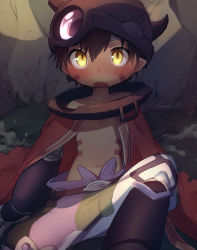 Rule 34 | 1boy, blush, brown hair, cape, child, collar, dark skin, facial mark, fake horns, hanakiri22, helmet, highres, horns, made in abyss, male focus, marking on cheek, mechanical arms, metal collar, navel, open mouth, pointy ears, red cape, regu (made in abyss), short hair, sitting, solo, tattoo, yellow eyes