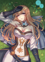 Rule 34 | 1girl, ahoge, alternate hair length, alternate hairstyle, arm up, armpits, bare shoulders, black gloves, blonde hair, breasts, cleavage, commentary request, cowboy shot, detached collar, detached sleeves, genshin impact, gloves, grass, head tilt, highres, jean (genshin impact), large breasts, long hair, looking at viewer, lying, nairobi song, narrow waist, on back, pants, parted lips, purple eyes, shirt, solo, standing, strapless, strapless shirt, white pants